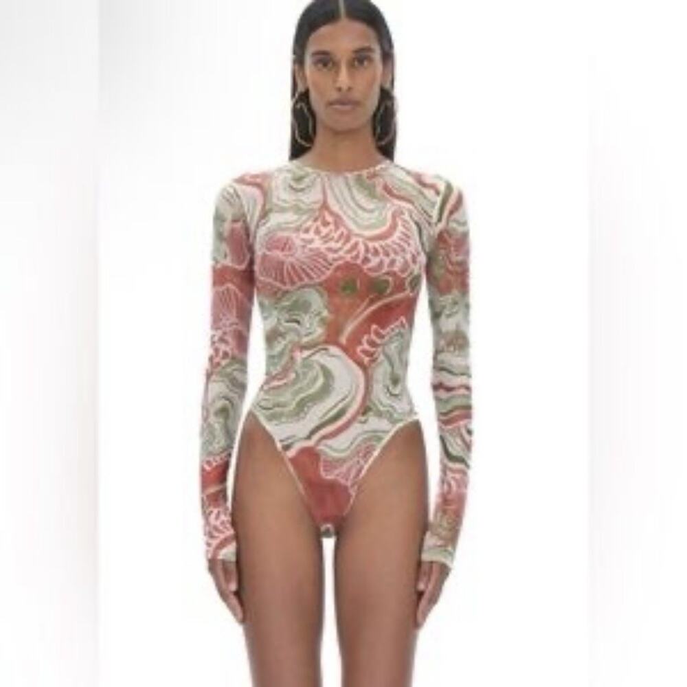 Andrea Iyamah Elle Abstract Mushroom Bodysuit Semi Sheer Mesh Leotard Size S